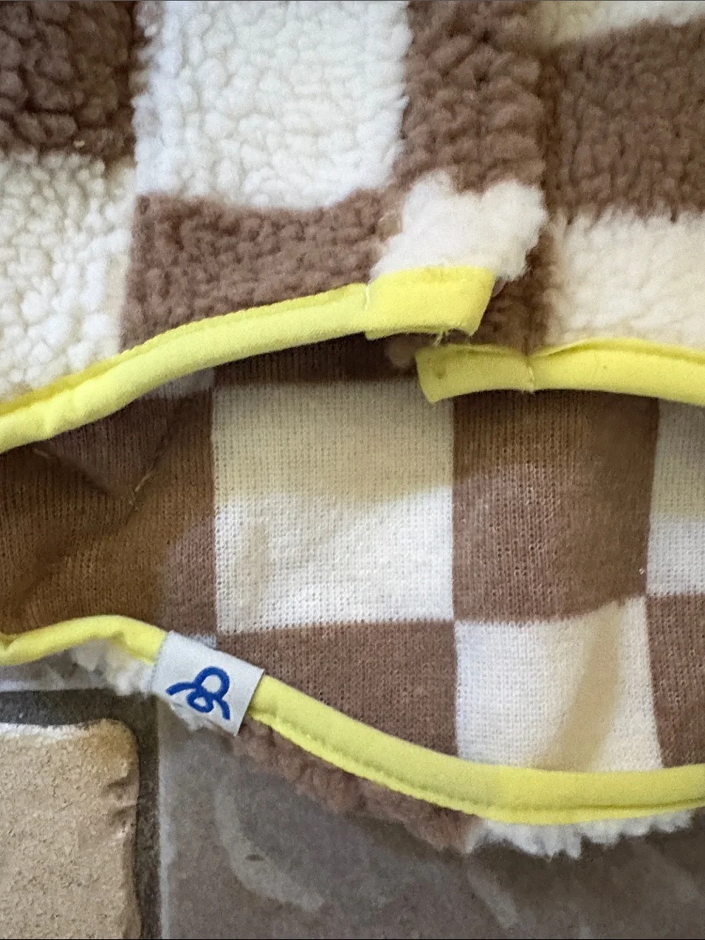 Oodles Checkerboard Sherpa Dog Sweater - Brown & Cream with Lime lot 2